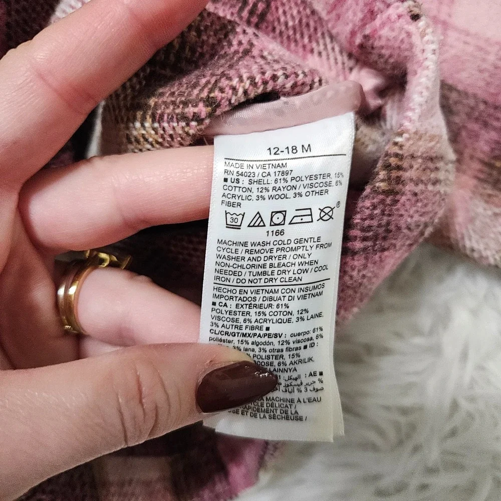Old Navy Girl's Sz‎ 12-18 Mo Pink & Brown Plaid Button Up Wool Blend Jacket